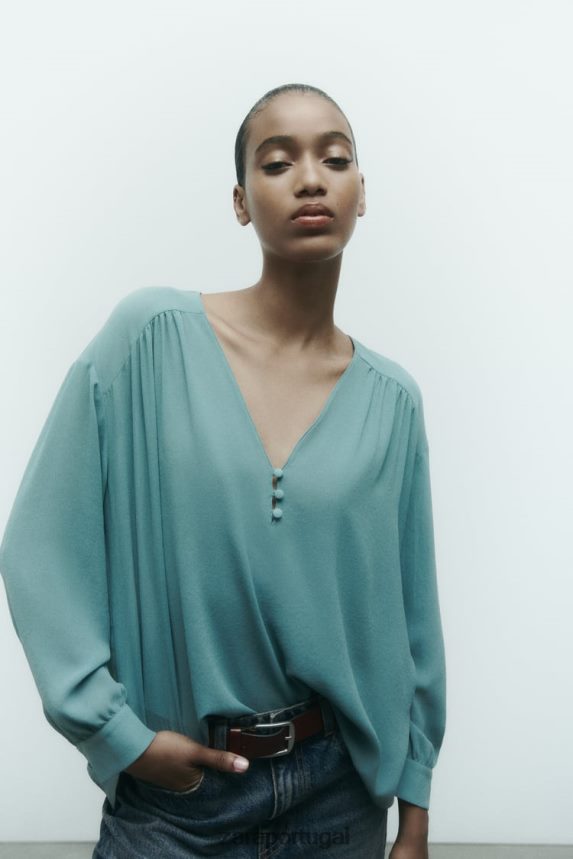 blusa oversized esvoaçante franzida mulheres Zara Aço azul Z2080L454 roupas