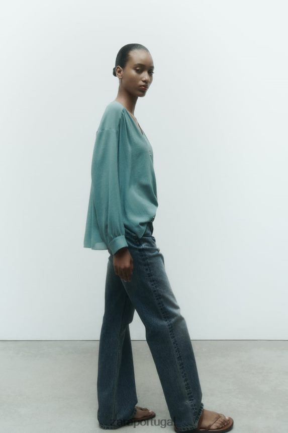 blusa oversized esvoaçante franzida mulheres Zara Aço azul Z2080L454 roupas