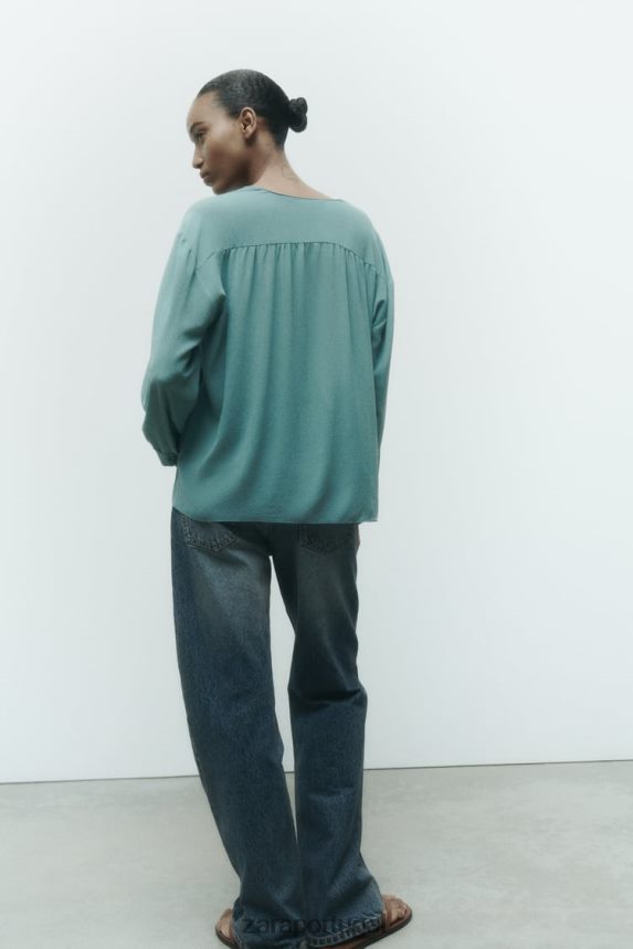 blusa oversized esvoaçante franzida mulheres Zara Aço azul Z2080L454 roupas