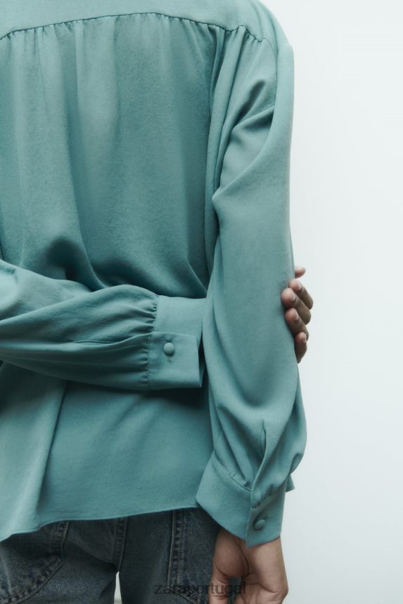 blusa oversized esvoaçante franzida mulheres Zara Aço azul Z2080L454 roupas