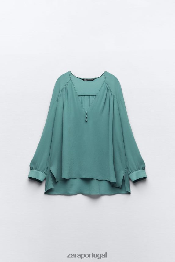 blusa oversized esvoaçante franzida mulheres Zara Aço azul Z2080L454 roupas
