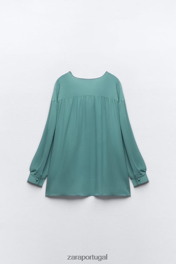 blusa oversized esvoaçante franzida mulheres Zara Aço azul Z2080L454 roupas