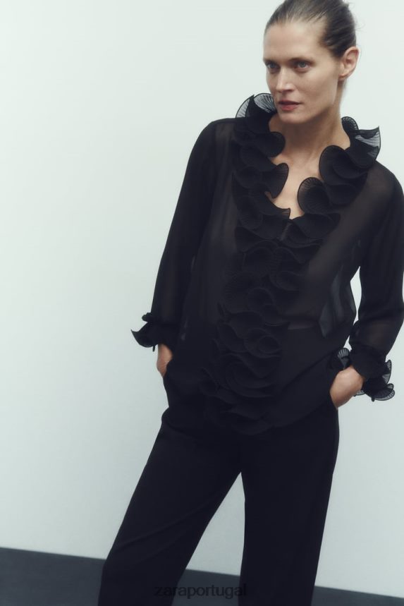 blusa semitransparente com babados e pregas mulheres Zara preto Z2080L337 roupas