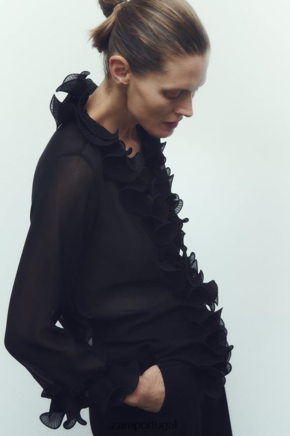 blusa semitransparente com babados e pregas mulheres Zara preto Z2080L337 roupas