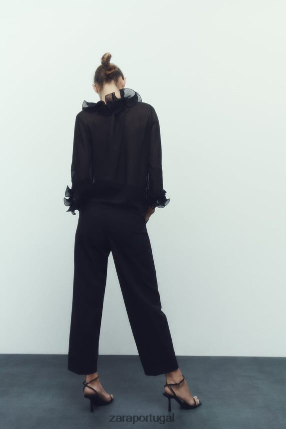 blusa semitransparente com babados e pregas mulheres Zara preto Z2080L337 roupas