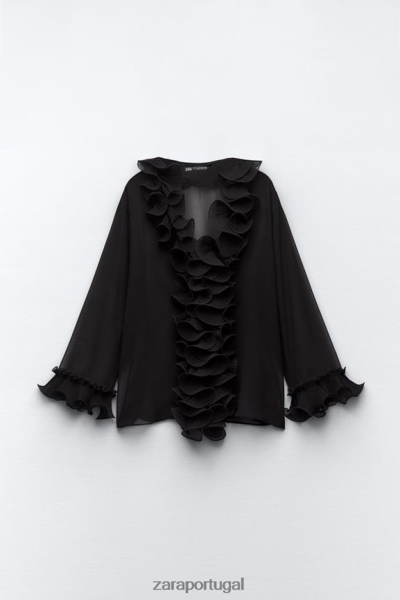 blusa semitransparente com babados e pregas mulheres Zara preto Z2080L337 roupas