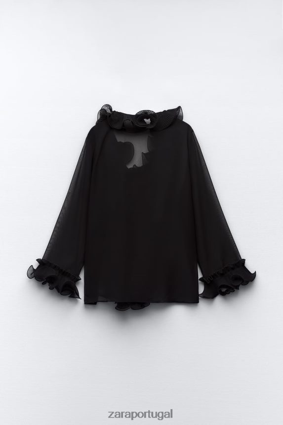 blusa semitransparente com babados e pregas mulheres Zara preto Z2080L337 roupas