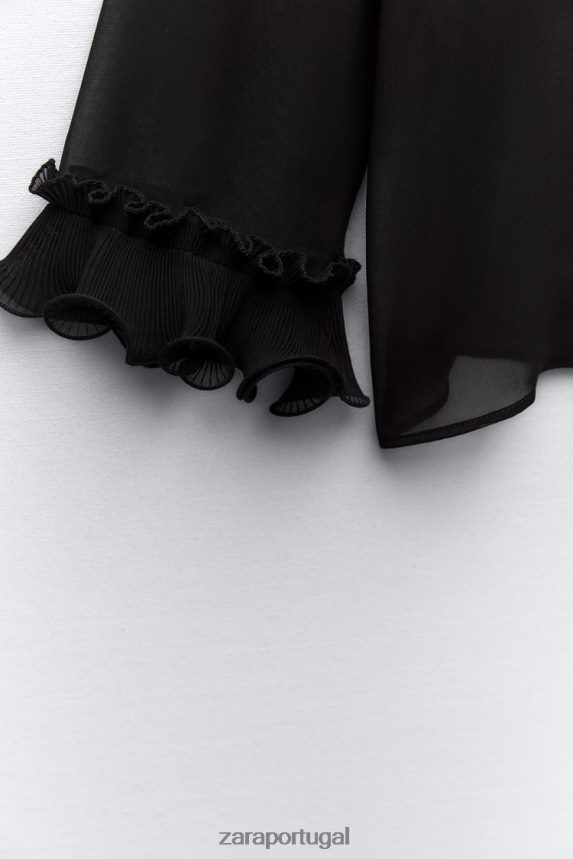 blusa semitransparente com babados e pregas mulheres Zara preto Z2080L337 roupas