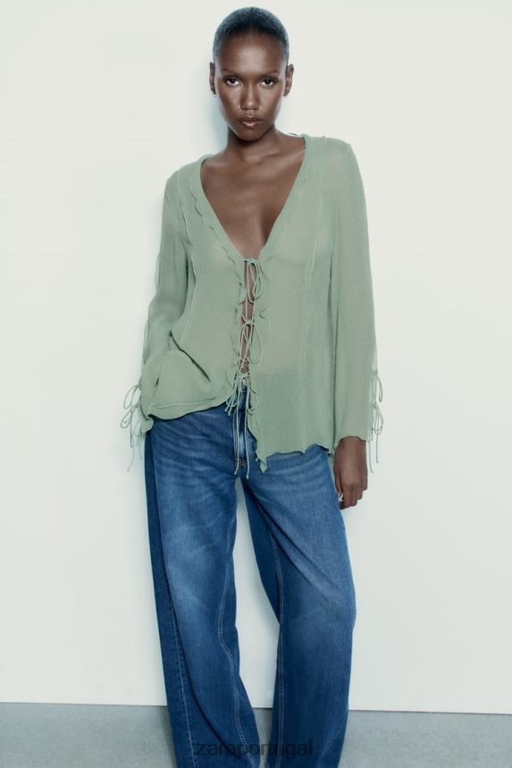 blusa semitransparente com babados mulheres Zara verde Mar Z2080L376 roupas