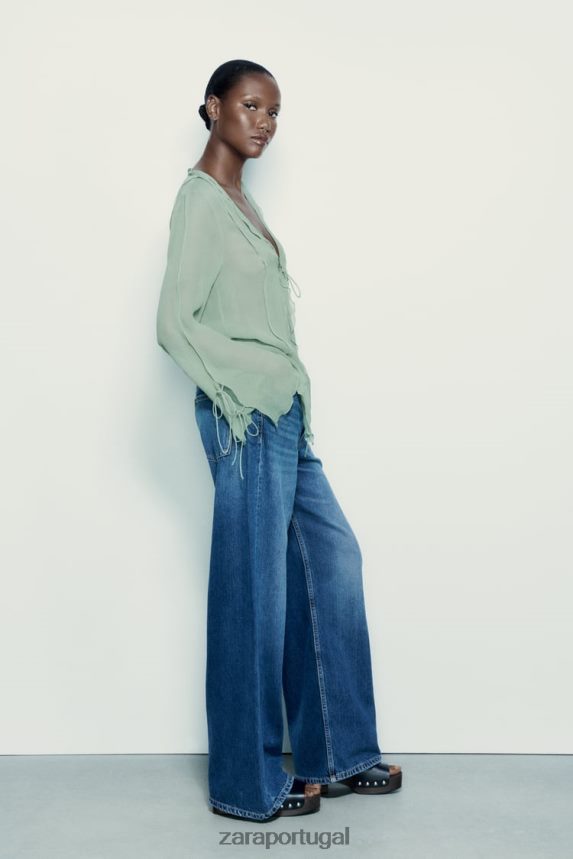 blusa semitransparente com babados mulheres Zara verde Mar Z2080L376 roupas