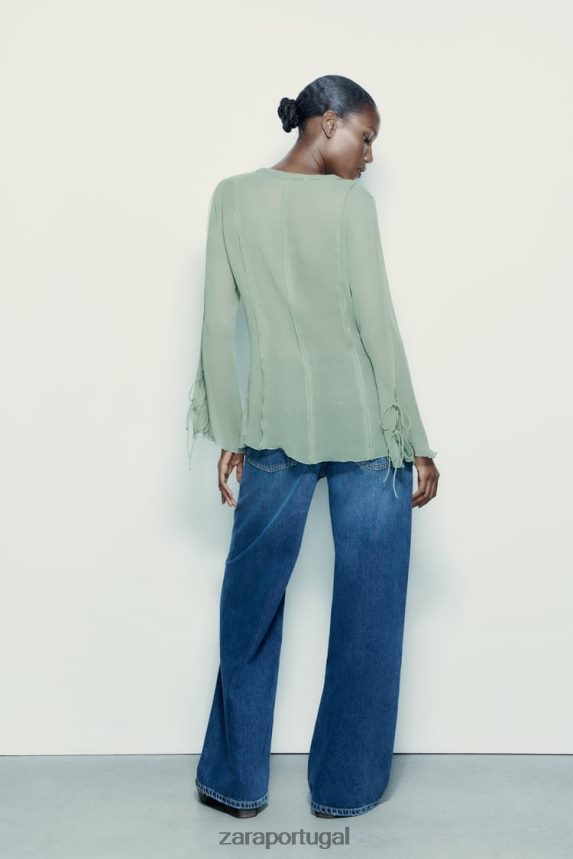 blusa semitransparente com babados mulheres Zara verde Mar Z2080L376 roupas