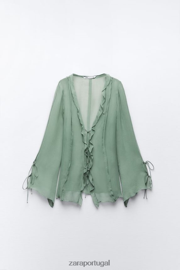 blusa semitransparente com babados mulheres Zara verde Mar Z2080L376 roupas