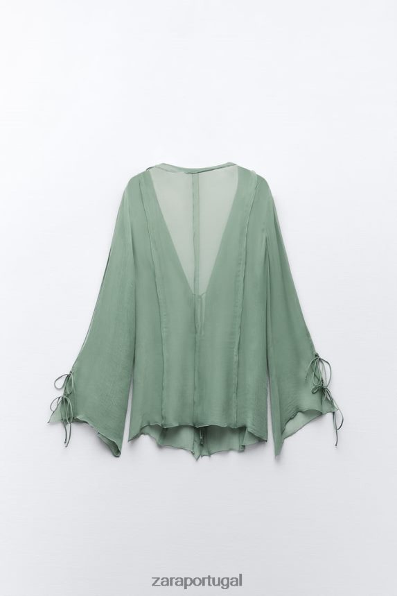 blusa semitransparente com babados mulheres Zara verde Mar Z2080L376 roupas