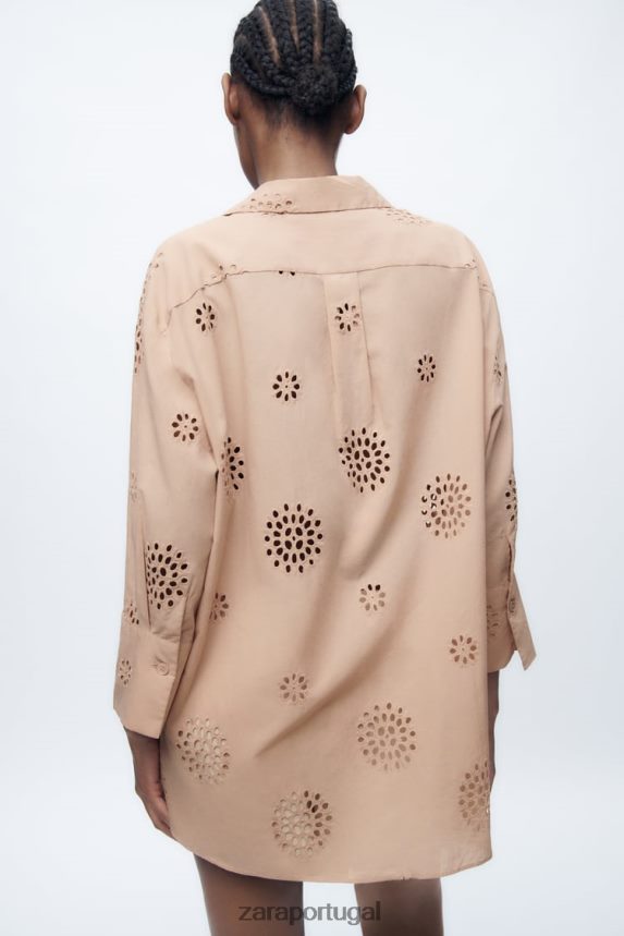 camisa bordada a céu aberto mulheres Zara bege/rosa Z2080L379 roupas