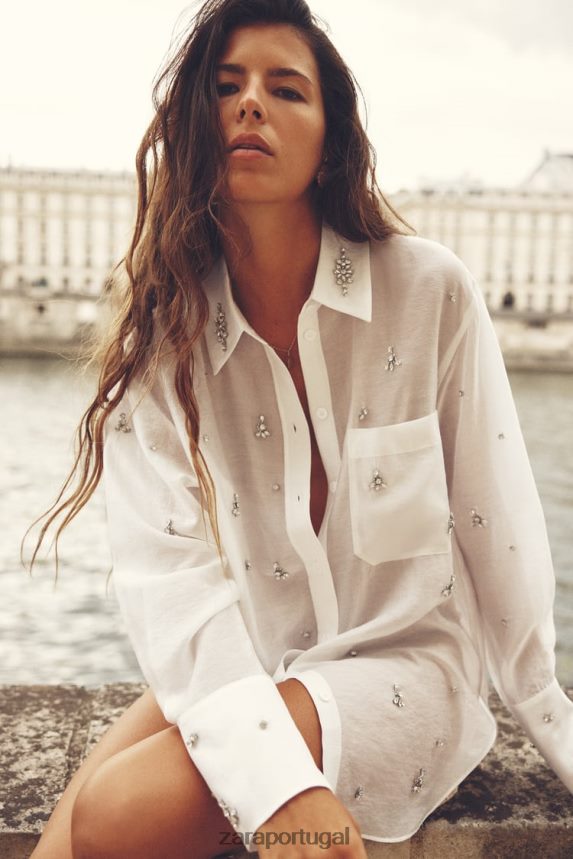 camisa bordada com joias mulheres Zara ostra branca Z2080L307 roupas