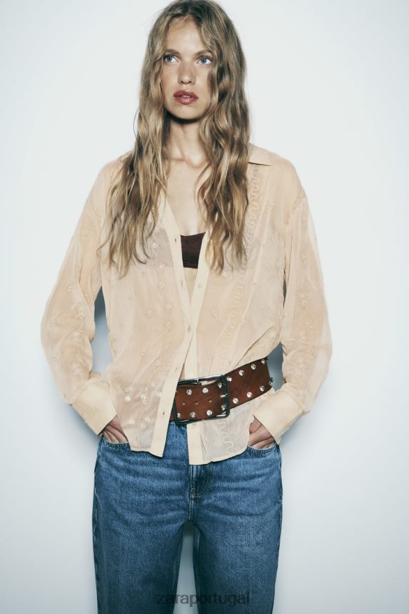 camisa bordada semitransparente mulheres Zara bege Z2080L294 roupas