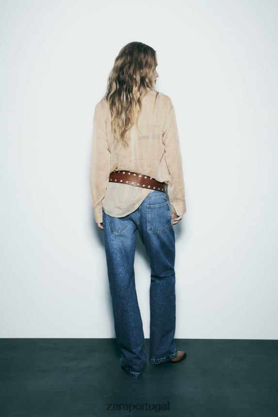 camisa bordada semitransparente mulheres Zara bege Z2080L294 roupas