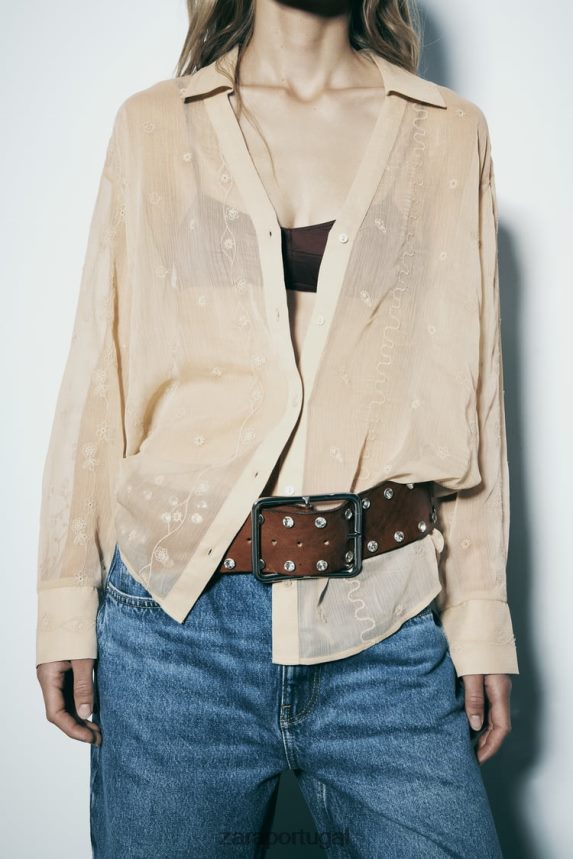 camisa bordada semitransparente mulheres Zara bege Z2080L294 roupas