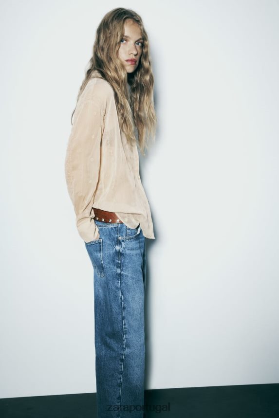 camisa bordada semitransparente mulheres Zara bege Z2080L294 roupas