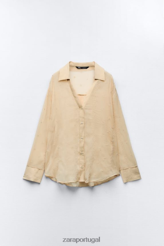 camisa bordada semitransparente mulheres Zara bege Z2080L294 roupas