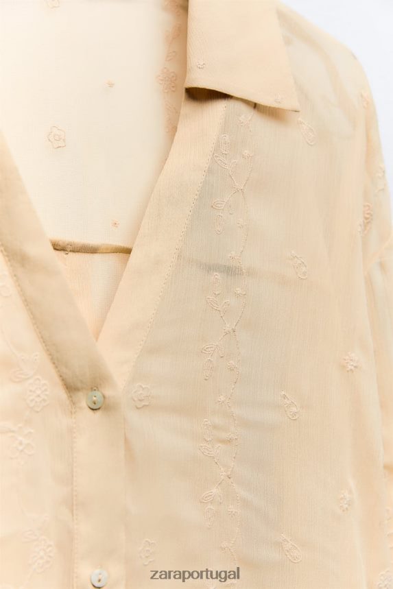 camisa bordada semitransparente mulheres Zara bege Z2080L294 roupas
