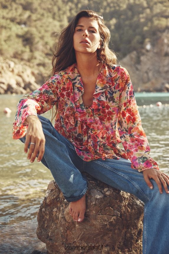 camisa com babados e estampa floral mulheres Zara multicolorido Z2080L354 roupas
