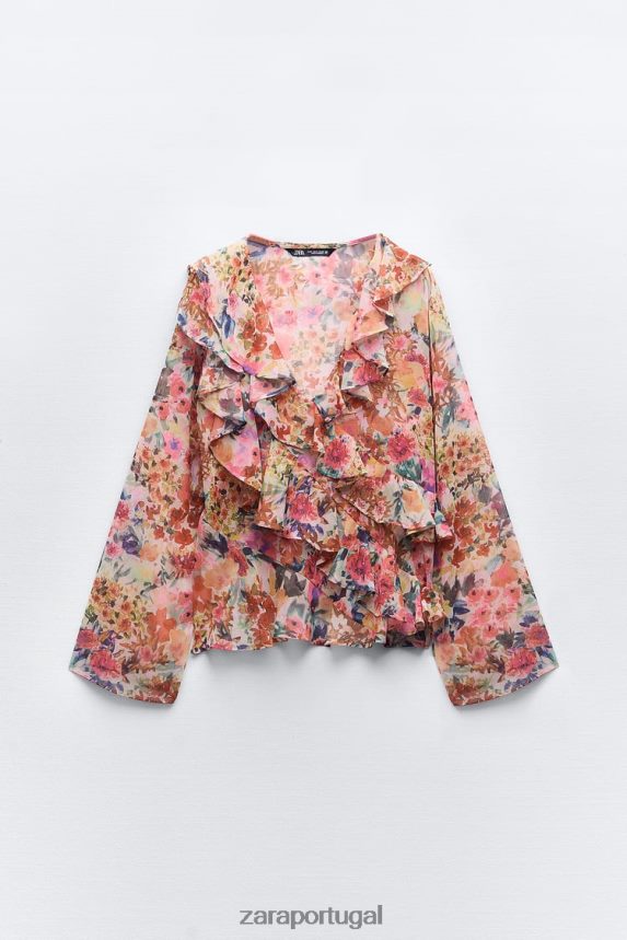 camisa com babados e estampa floral mulheres Zara multicolorido Z2080L354 roupas