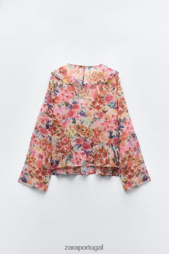 camisa com babados e estampa floral mulheres Zara multicolorido Z2080L354 roupas
