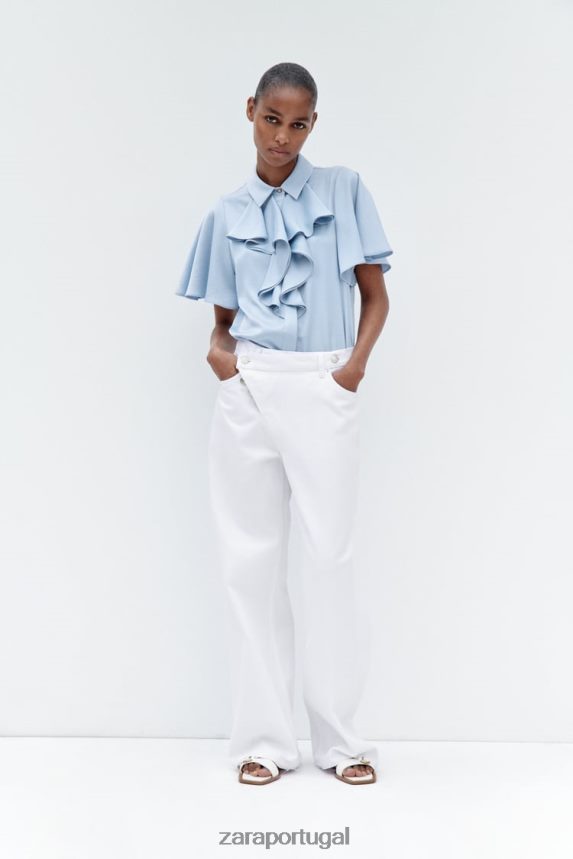 camisa com babados efeito cetim mulheres Zara azul claro Z2080L358 roupas