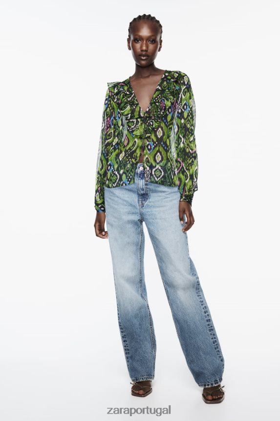 camisa com babados estampados em renda mulheres Zara multicolorido Z2080L427 roupas