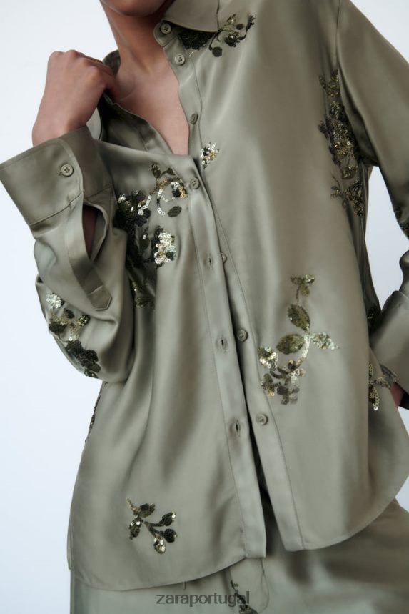 camisa com efeito cetim e lantejoulas mulheres Zara verde sálvia Z2080L317 roupas