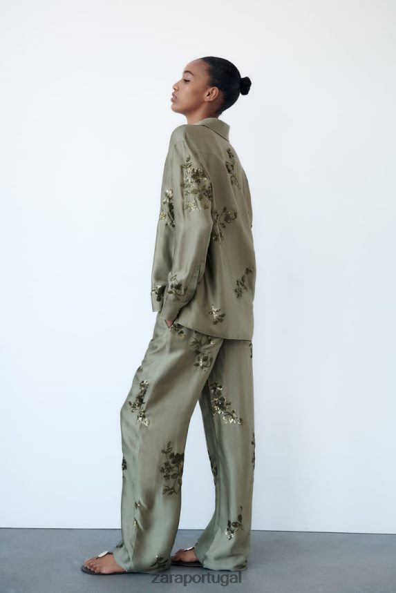 camisa com efeito cetim e lantejoulas mulheres Zara verde sálvia Z2080L317 roupas