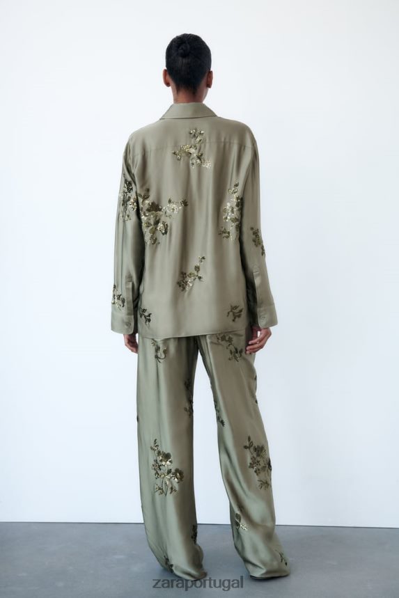 camisa com efeito cetim e lantejoulas mulheres Zara verde sálvia Z2080L317 roupas
