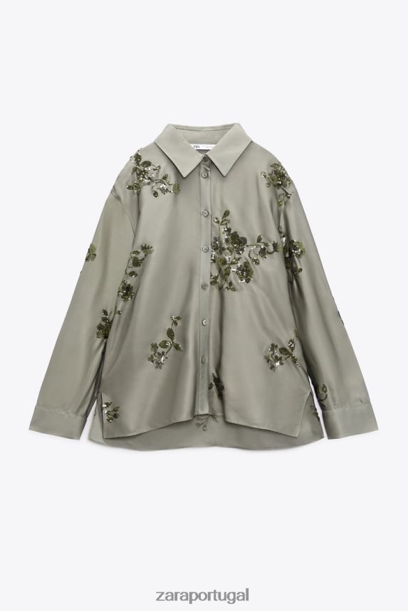 camisa com efeito cetim e lantejoulas mulheres Zara verde sálvia Z2080L317 roupas