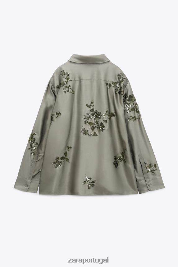 camisa com efeito cetim e lantejoulas mulheres Zara verde sálvia Z2080L317 roupas