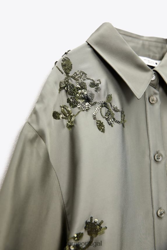 camisa com efeito cetim e lantejoulas mulheres Zara verde sálvia Z2080L317 roupas