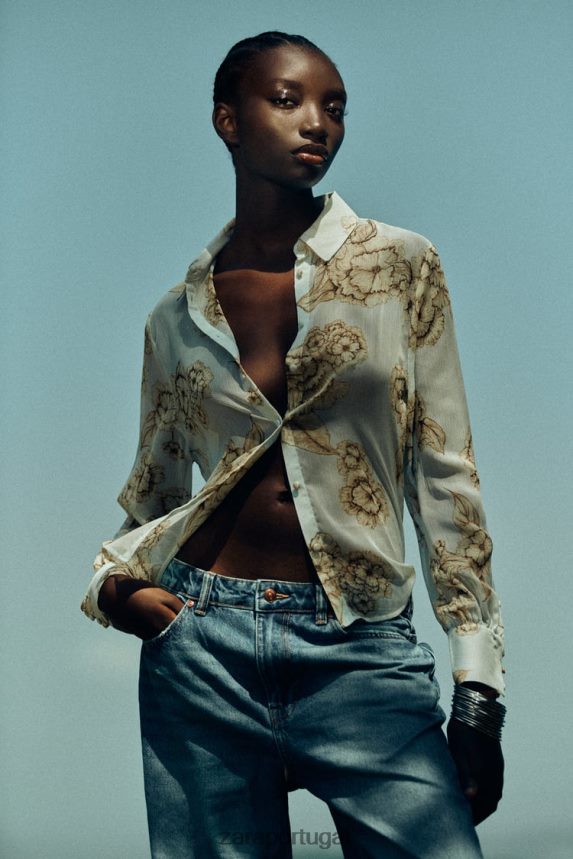 camisa com estampa floral mulheres Zara areia/azul Z2080L419 roupas