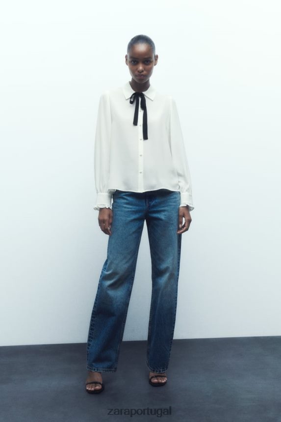 camisa com gravata contrastante mulheres Zara branco Z2080L316 roupas