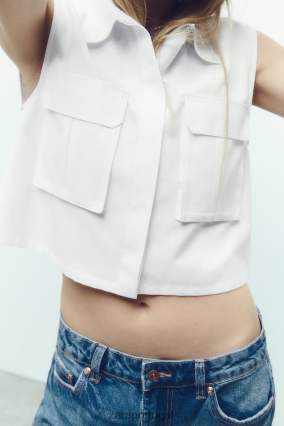camisa cropped com bolso remendo mulheres Zara branco Z2080L345 roupas