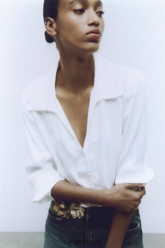camisa cropped efeito cetim mulheres Zara branco Z2080L356 roupas
