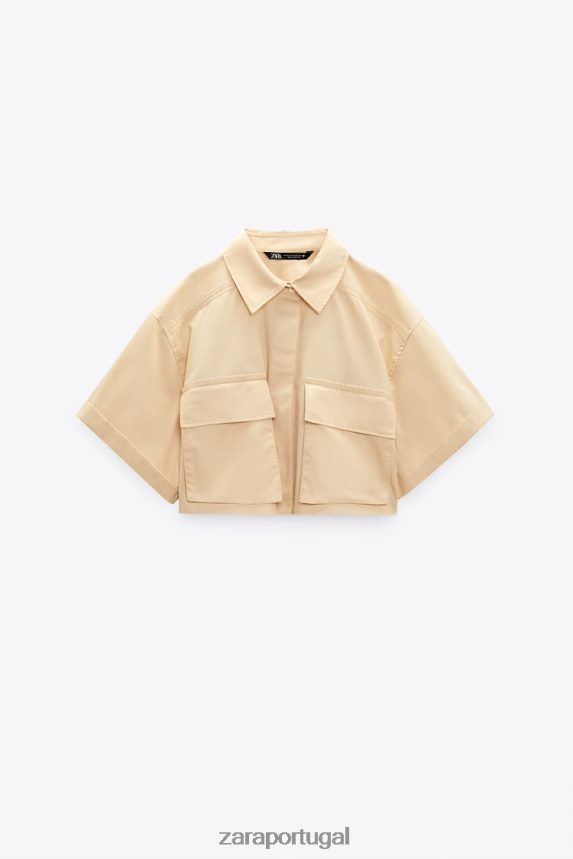 camisa cropped em gabardine mulheres Zara creme Z2080L395 roupas