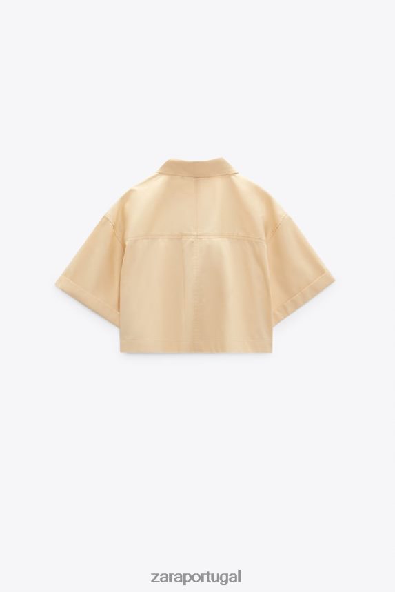 camisa cropped em gabardine mulheres Zara creme Z2080L395 roupas