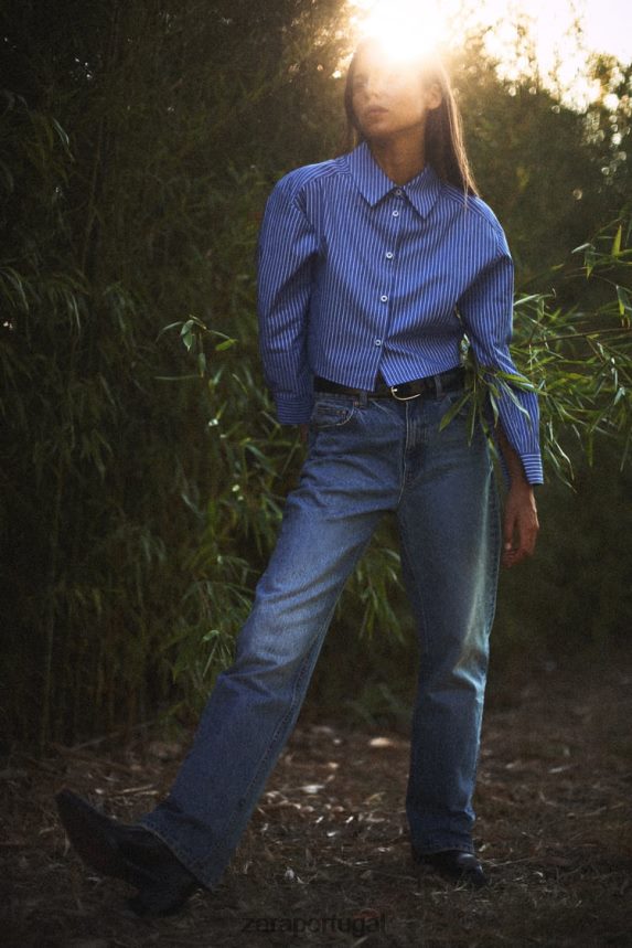 camisa cropped listrada mulheres Zara Branco azulado Z2080L288 roupas
