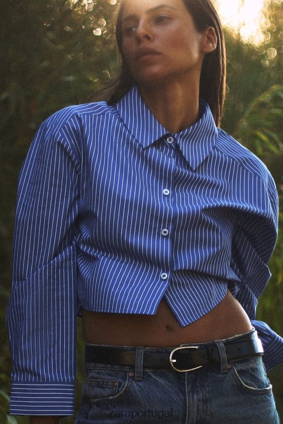 camisa cropped listrada mulheres Zara Branco azulado Z2080L288 roupas