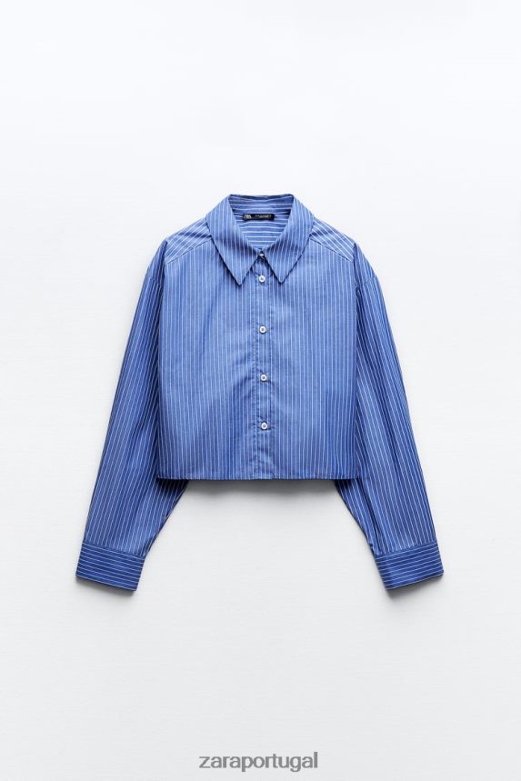 camisa cropped listrada mulheres Zara Branco azulado Z2080L288 roupas