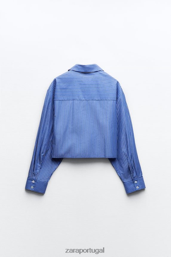camisa cropped listrada mulheres Zara Branco azulado Z2080L288 roupas