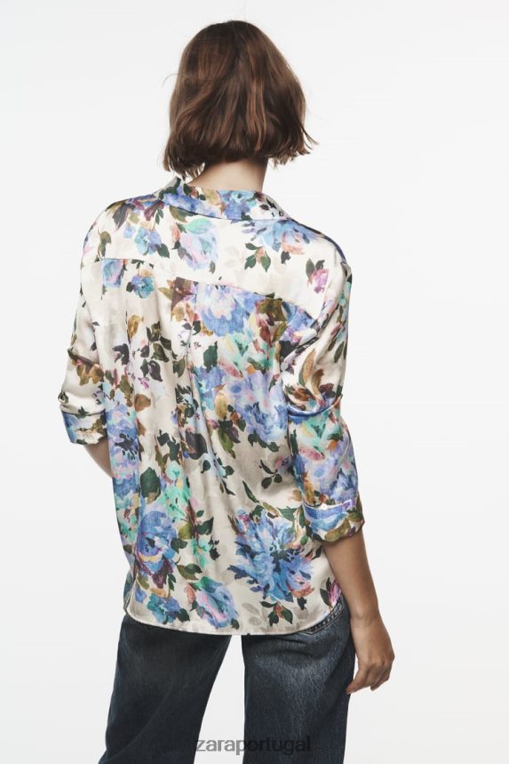 camisa de cetim com estampa floral mulheres Zara cru/verde Z2080L372 roupas