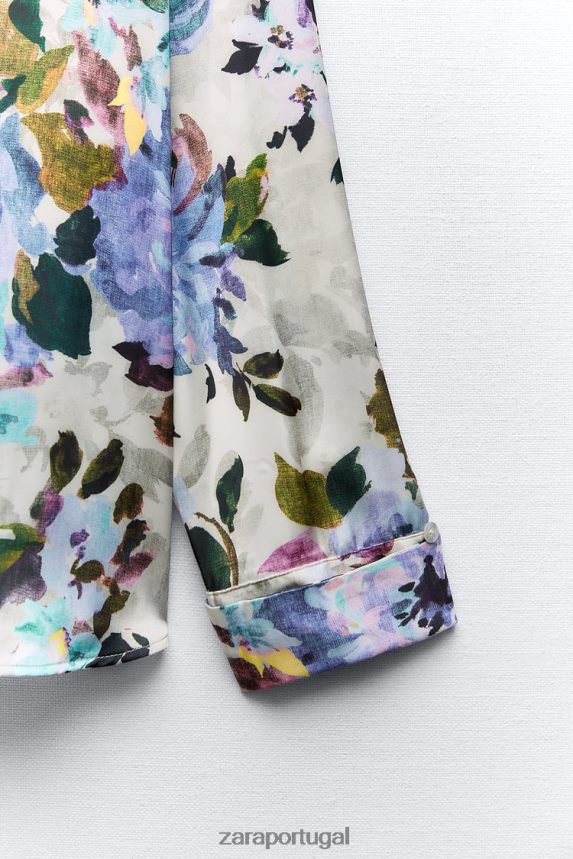 camisa de cetim com estampa floral mulheres Zara cru/verde Z2080L372 roupas