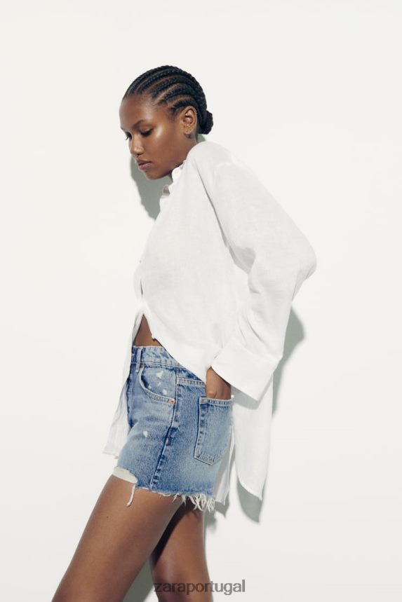 camisa de linho abotoada mulheres Zara branco Z2080L324 roupas