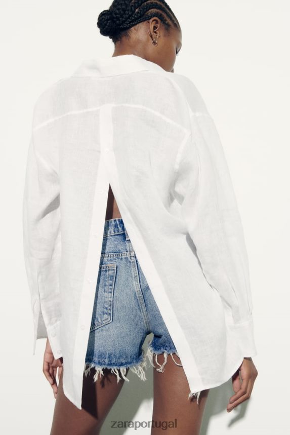 camisa de linho abotoada mulheres Zara branco Z2080L324 roupas